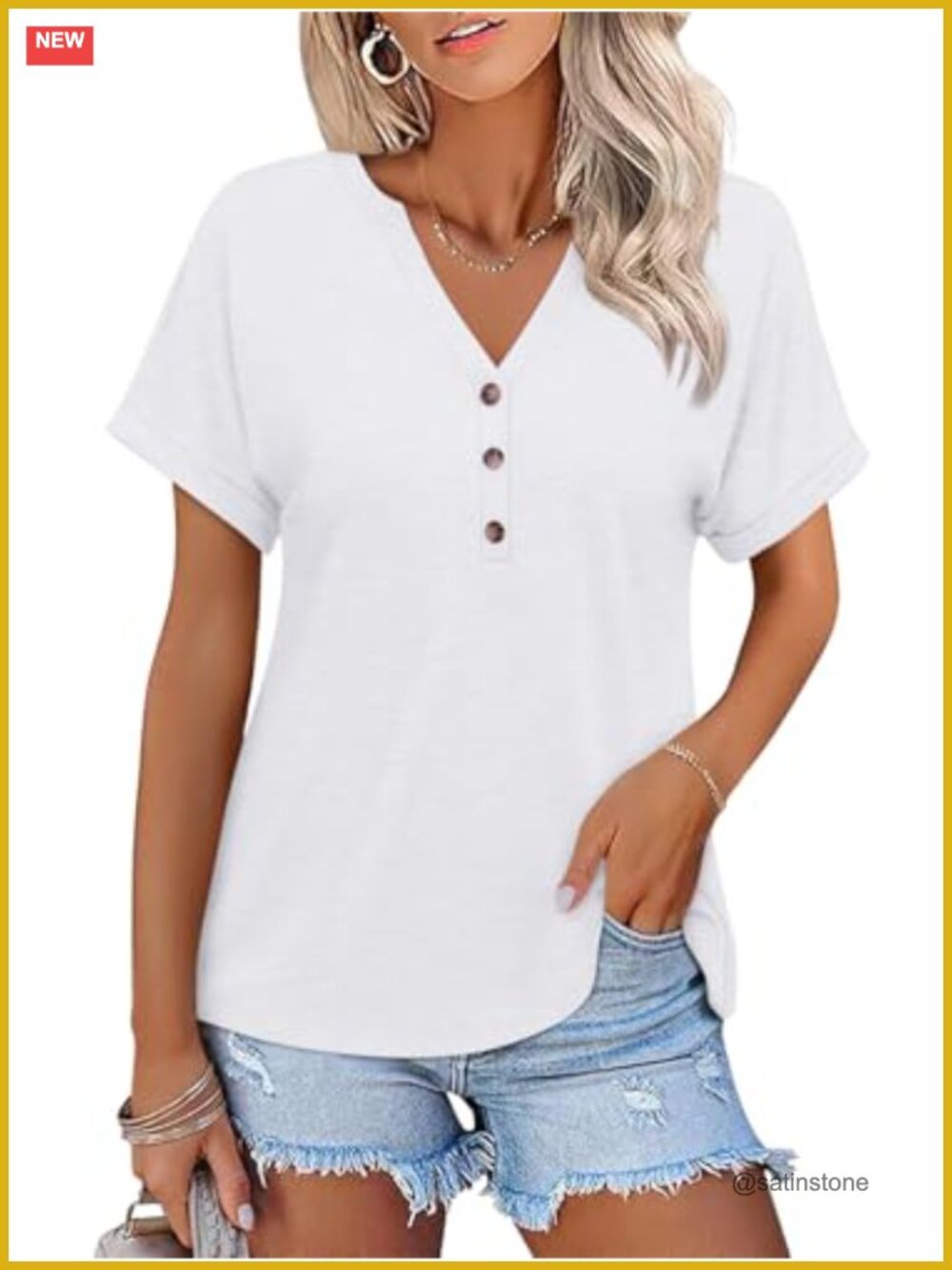 Womens V Neck Short Sleeve Tee Blouse Button Down Casual Summer